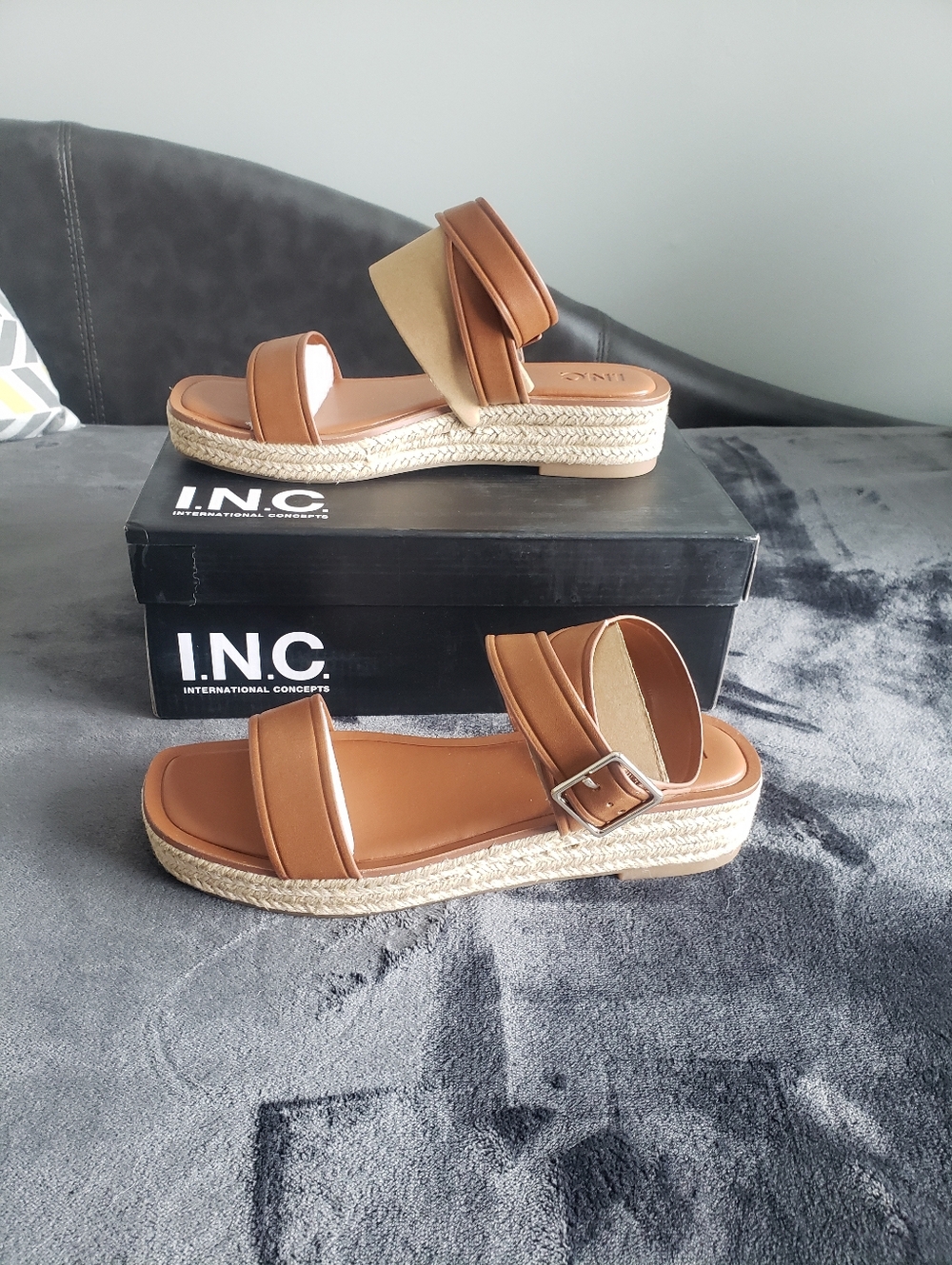 INC International Concepts Cognac Tan Espadrille Platform Sandals